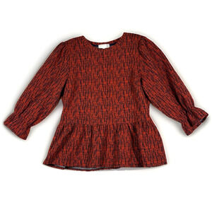 Ro & De Anthropologie Top Size Small Rust/Navy Boucle Peplum Ruffle Blouse
